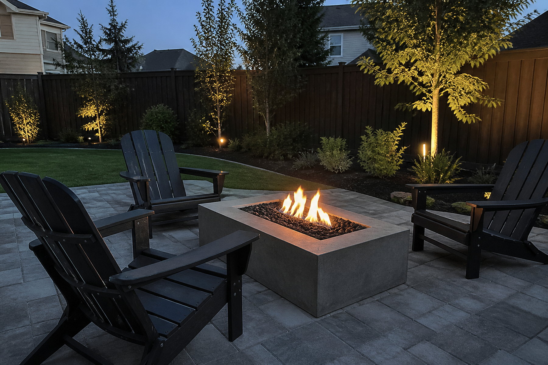 Fire pit and paver seating patio in Utah by Sol Scapes