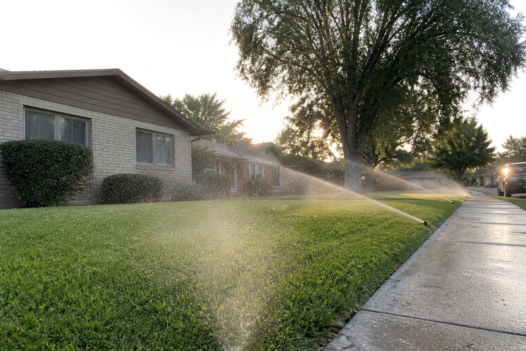 Professional sprinkler irrigation system watering a Utah lawn by Sol Scapes